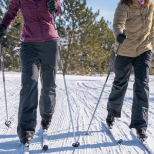 two female figures on skis